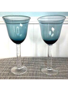 Vintage Gorham Blue Crystal Wine Goblet Glasses Crackle Stem Set Of Two 8" Stems